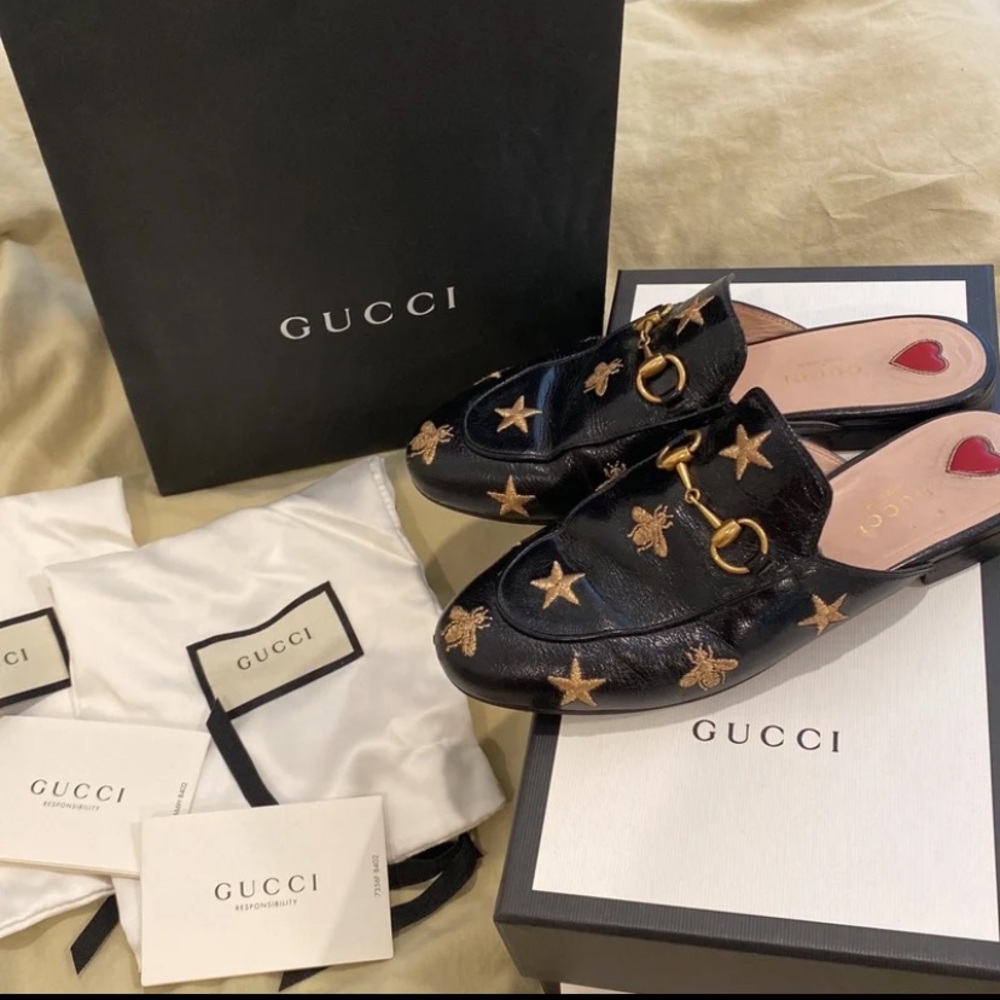 GUCCI Princetown Leather Slipper Mules Quentin Nero Bees Stars Shoes Slip Ons